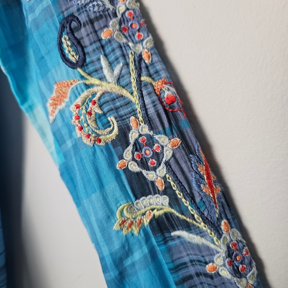 Johnny Was Blue Embroidered Button-Down Shirt - Picture 9 of 13